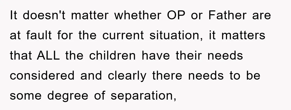 It doesn't matter whether OP or Father are at fault for the current situation, it matters that ALL the children have their needs considered and clearly there needs to be...