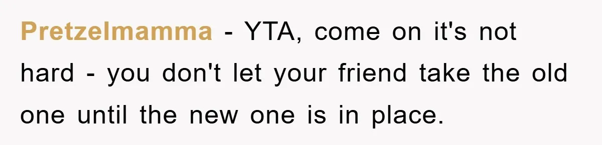Pretzelmamma − YTA, come on it's not hard - you don't let your friend take the old one until the new one is in place.