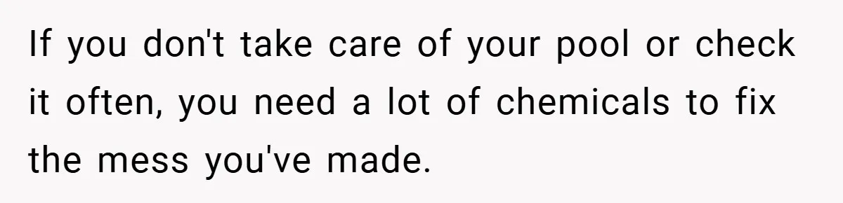 If you don't take care of your pool or check it often, you need a lot of chemicals to fix the mess you've made.