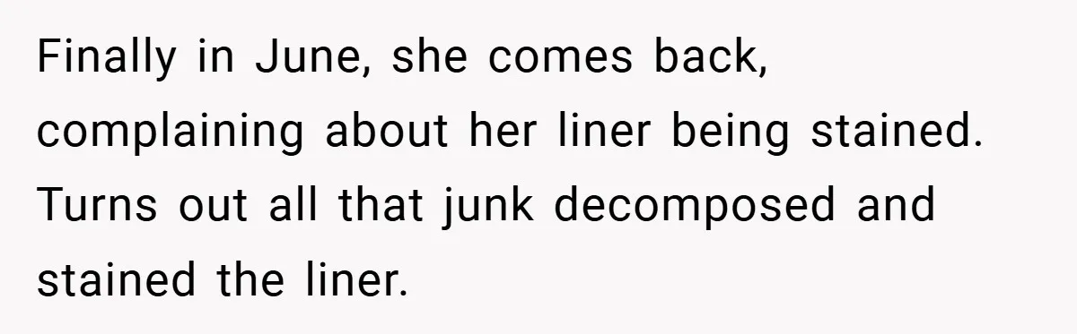 Finally in June, she comes back, complaining about her liner being stained. Turns out all that junk decomposed and stained the liner.