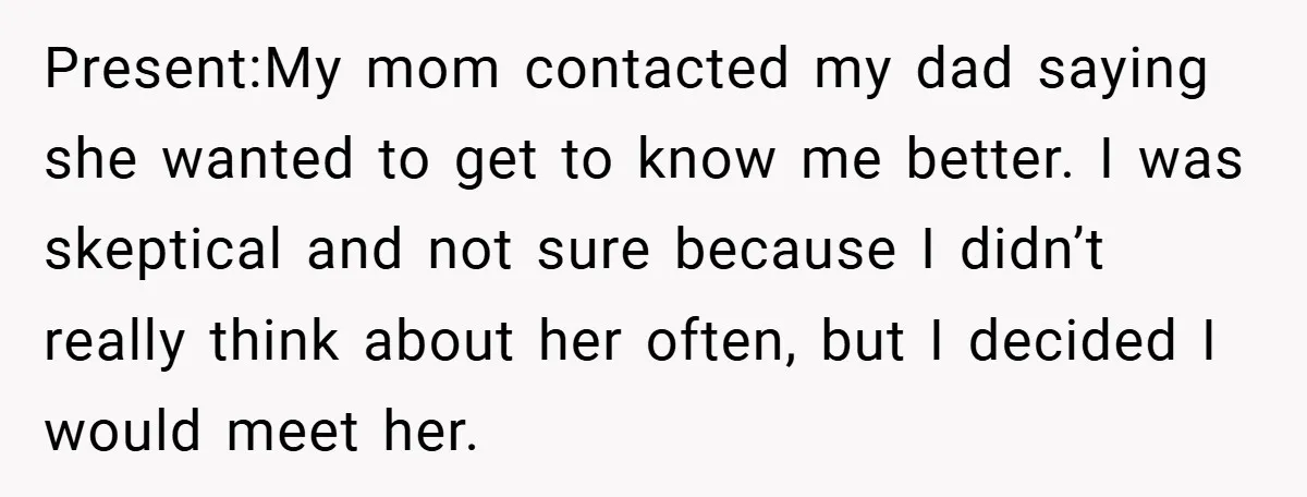 Present:My mom contacted my dad saying she wanted to get to know me better. I was skeptical and not sure because I didn’t really think about her often, but I...