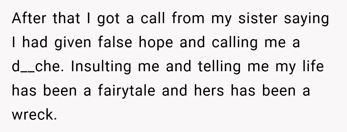 After that I got a call from my sister saying I had given false hope and calling me a d__che. Insulting me and telling me my life has been a...