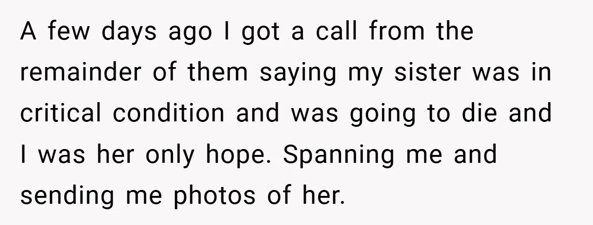 A few days ago I got a call from the remainder of them saying my sister was in critical condition and was going to die and I was her only...