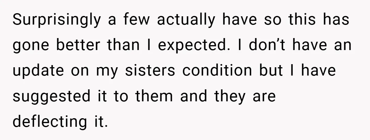 Surprisingly a few actually have so this has gone better than I expected. I don’t have an update on my sisters condition but I have suggested it to them and...