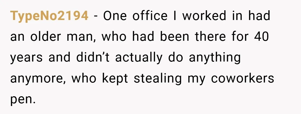 TypeNo2194 − One office I worked in had an older man, who had been there for 40 years and didn’t actually do anything anymore, who kept stealing my coworkers pen.