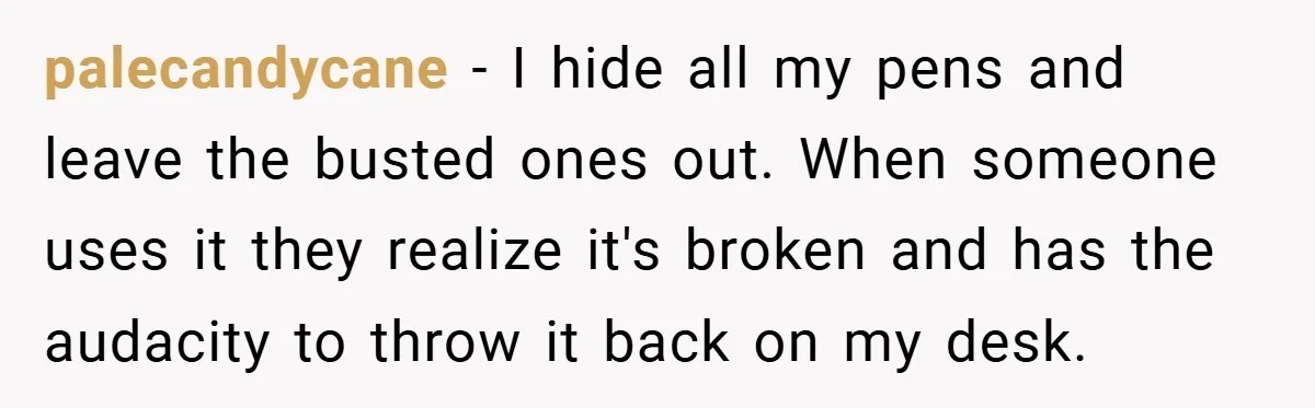 palecandycane − I hide all my pens and leave the busted ones out. When someone uses it they realize it's broken and has the audacity to throw it back on...