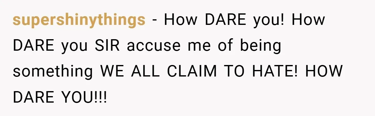 supershinythings − How DARE you! How DARE you SIR accuse me of being something WE ALL CLAIM TO HATE! HOW DARE YOU!!!