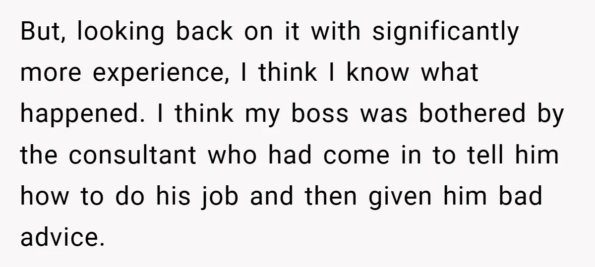 But, looking back on it with significantly more experience, I think I know what happened. I think my boss was bothered by the consultant who had come in to tell...