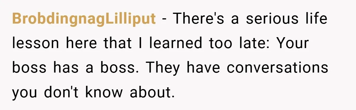 BrobdingnagLilliput − There's a serious life lesson here that I learned too late: Your boss has a boss. They have conversations you don't know about.