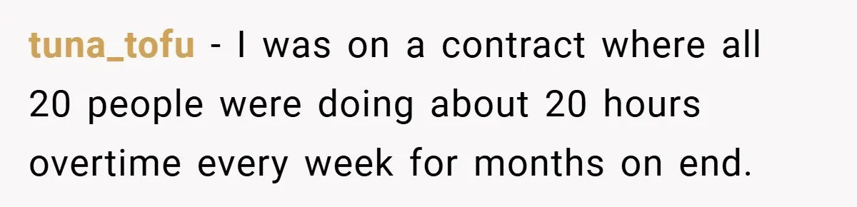 tuna_tofu − I was on a contract where all 20 people were doing about 20 hours overtime every week for months on end.