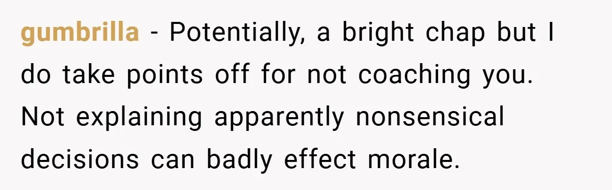 gumbrilla − Potentially, a bright chap but I do take points off for not coaching you. Not explaining apparently nonsensical decisions can badly effect morale.