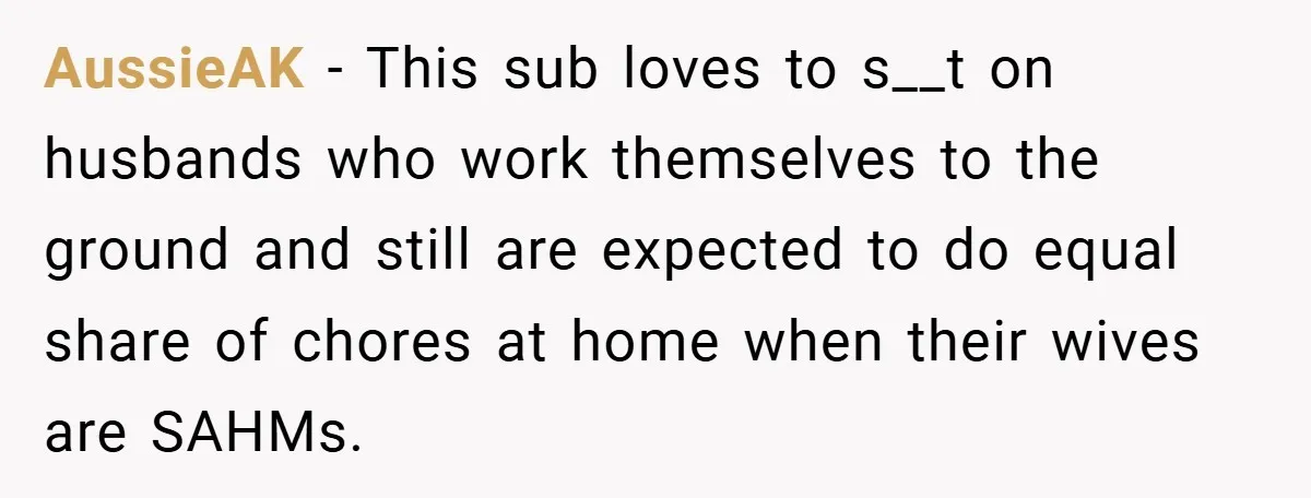 AussieAK − This sub loves to s__t on husbands who work themselves to the ground and still are expected to do equal share of chores at home when their wives...