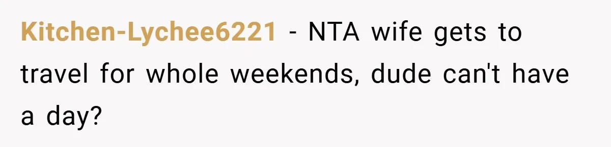 Kitchen-Lychee6221 − NTA wife gets to travel for whole weekends, dude can't have a day?