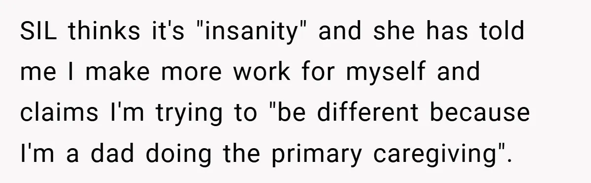 SIL thinks it's "insanity" and she has told me I make more work for myself and claims I'm trying to "be different because I'm a dad doing the primary caregiving".