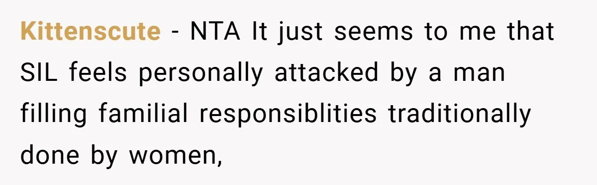 Kittenscute − NTA It just seems to me that SIL feels personally attacked by a man filling familial responsiblities traditionally done by women,