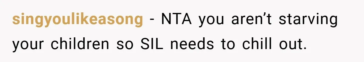 singyoulikeasong − NTA you aren’t starving your children so SIL needs to chill out.