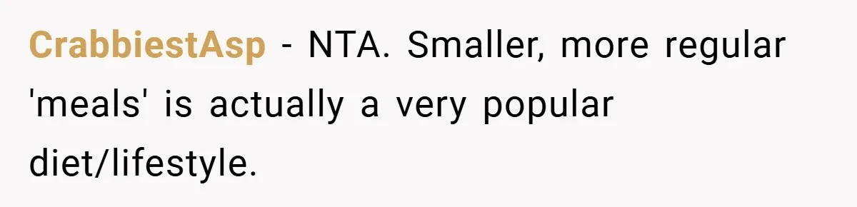 CrabbiestAsp − NTA. Smaller, more regular 'meals' is actually a very popular diet/lifestyle.