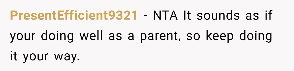 PresentEfficient9321 − NTA It sounds as if your doing well as a parent, so keep doing it your way.