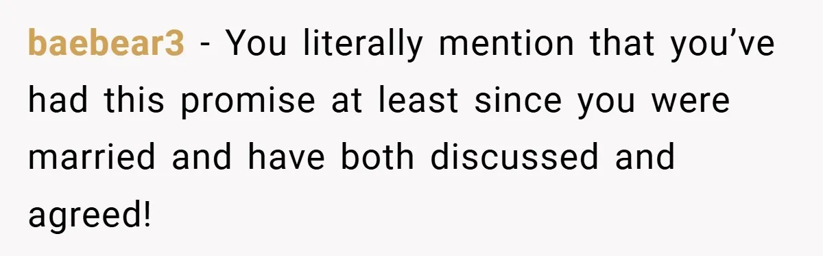 baebear3 − You literally mention that you’ve had this promise at least since you were married and have both discussed and agreed!