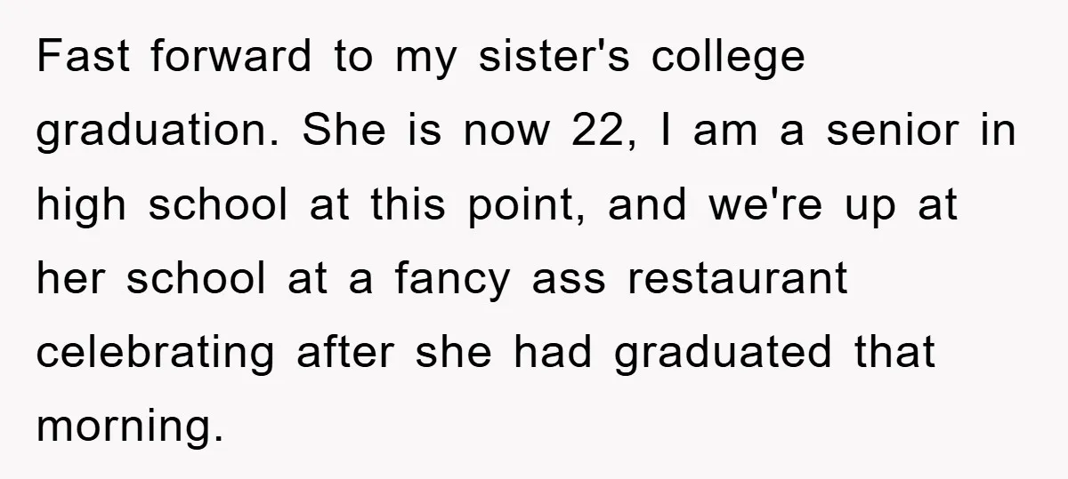 Fast forward to my sister's college graduation. She is now 22, I am a senior in high school at this point, and we're up at her school at a fancy...