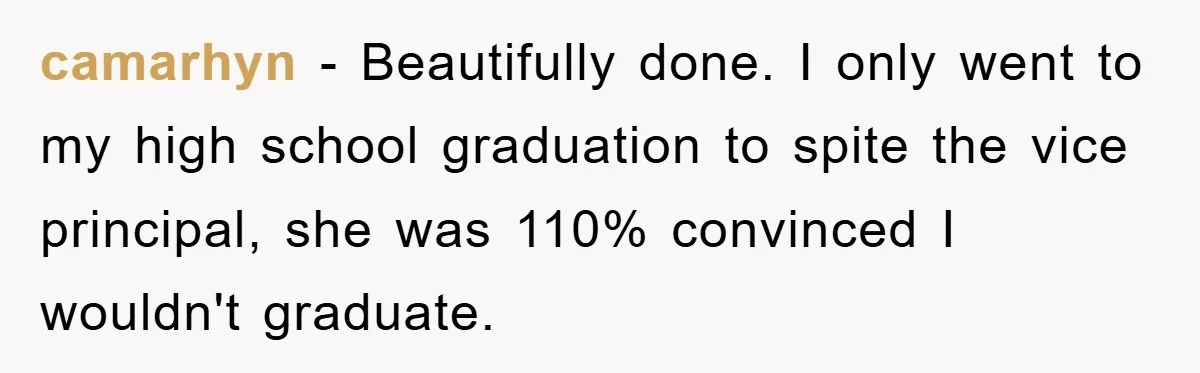 camarhyn − Beautifully done. I only went to my high school graduation to spite the vice principal, she was 110% convinced I wouldn't graduate.