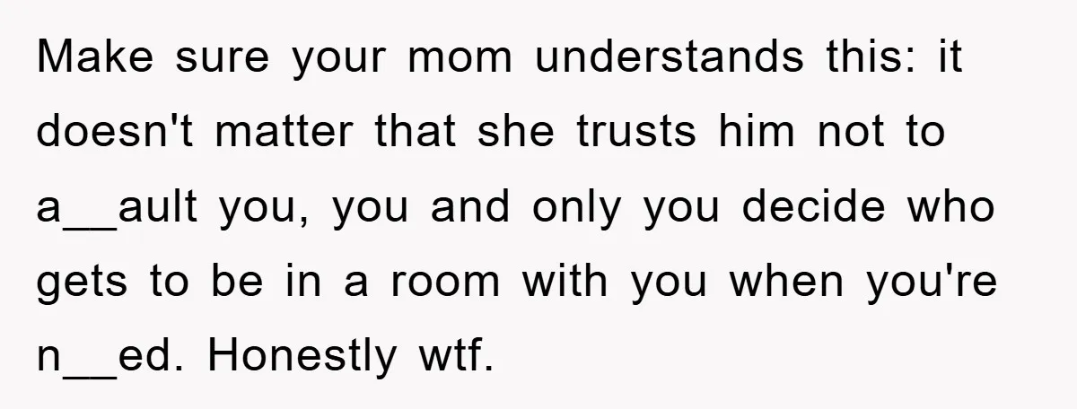 The Shower Sanctuary Standoff: A Teen’s Tense Battle for Privacy Make sure your mom understands this: it doesn't matter that she trusts him not to a__ault you, you and only you decide who gets to be in a room with...