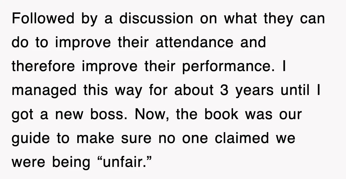Followed by a discussion on what they can do to improve their attendance and therefore improve their performance. I managed this way for about 3 years until I got a...