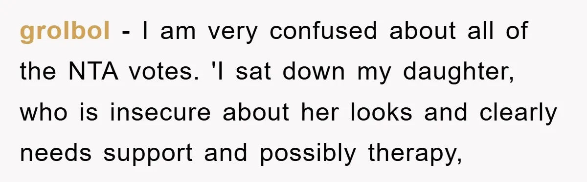 grolbol − I am very confused about all of the NTA votes. 'I sat down my daughter, who is insecure about her looks and clearly needs support and possibly therapy,