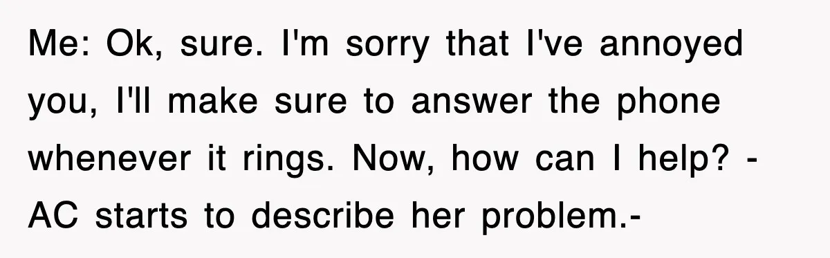 Me: Ok, sure. I'm sorry that I've annoyed you, I'll make sure to answer the phone whenever it rings. Now, how can I help? -AC starts to describe her problem.-