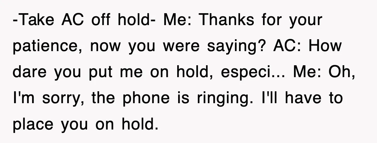 -Take AC off hold- Me: Thanks for your patience, now you were saying? AC: How dare you put me on hold, especi... Me: Oh, I'm sorry, the phone is ringing....