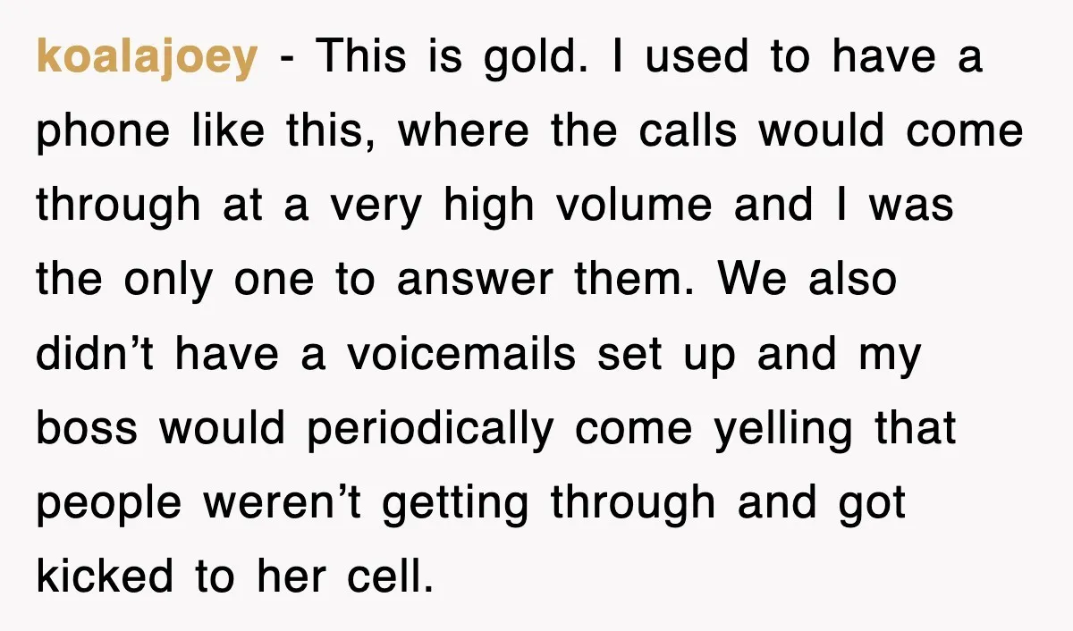 koalajoey − This is gold. I used to have a phone like this, where the calls would come through at a very high volume and I was the only one...