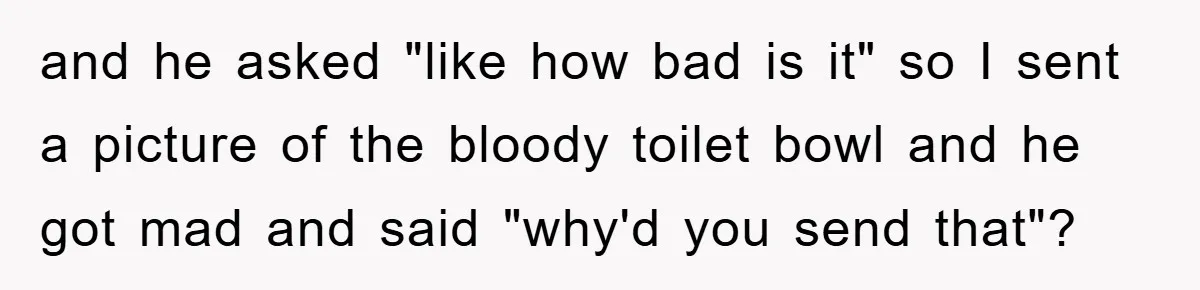 and he asked "like how bad is it" so I sent a picture of the bloody toilet bowl and he got mad and said "why'd you send that"?