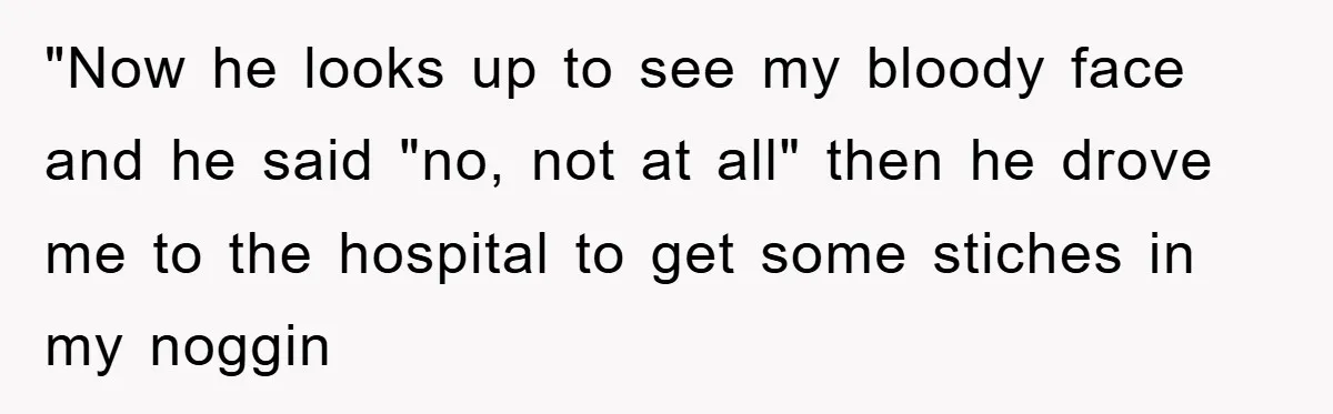 "Now he looks up to see my bloody face and he said "no, not at all" then he drove me to the hospital to get some stiches in my noggin