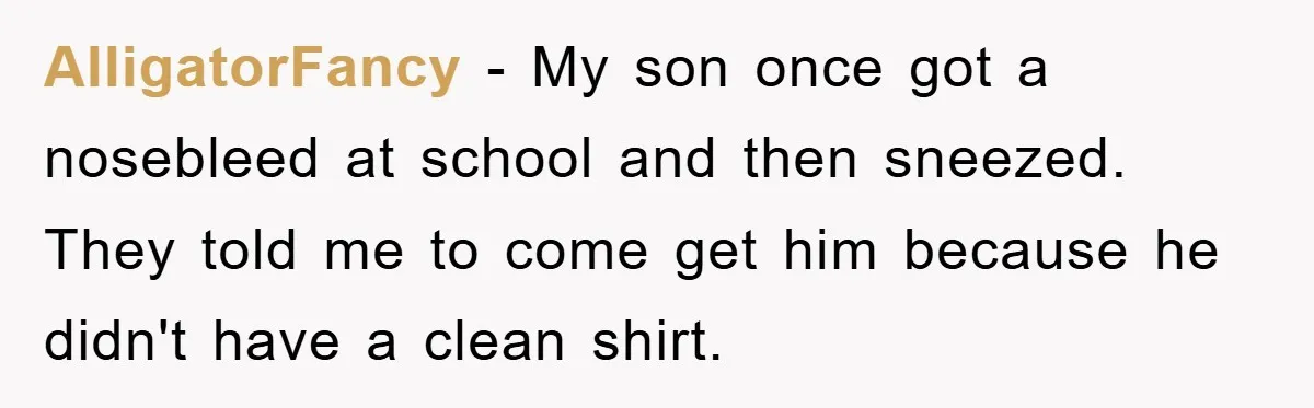 AlligatorFancy − My son once got a nosebleed at school and then sneezed. They told me to come get him because he didn't have a clean shirt.