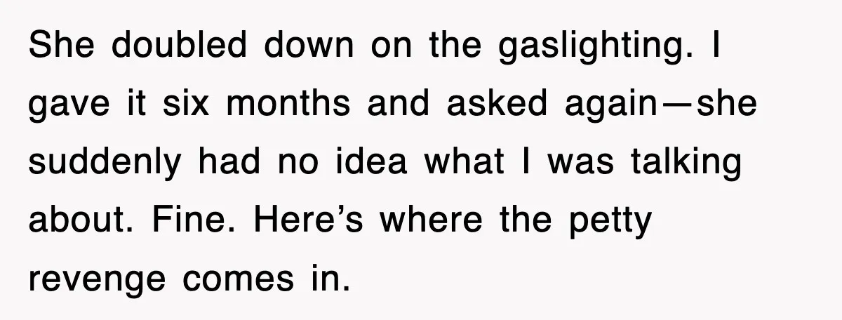 She doubled down on the gaslighting. I gave it six months and asked again—she suddenly had no idea what I was talking about. Fine. Here’s where the petty revenge comes...