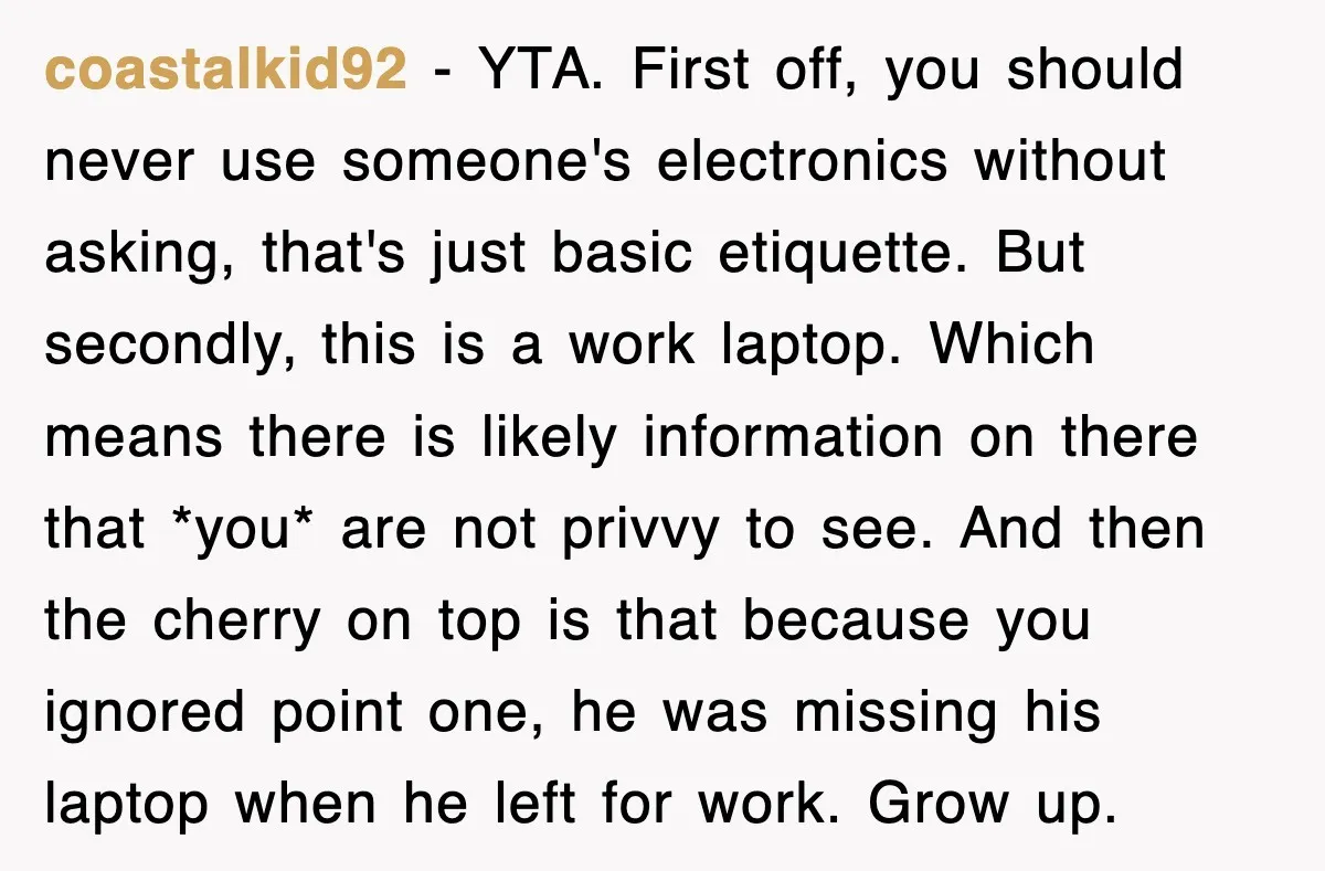 coastalkid92 − YTA. First off, you should never use someone's electronics without asking, that's just basic etiquette. But secondly, this is a work laptop. Which means there is likely information...