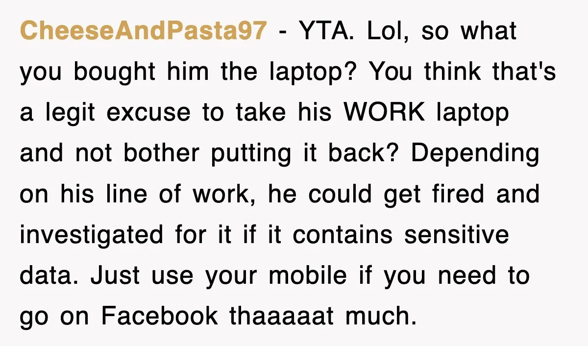 CheeseAndPasta97 − YTA. Lol, so what you bought him the laptop? You think that's a legit excuse to take his WORK laptop and not bother putting it back? Depending on...