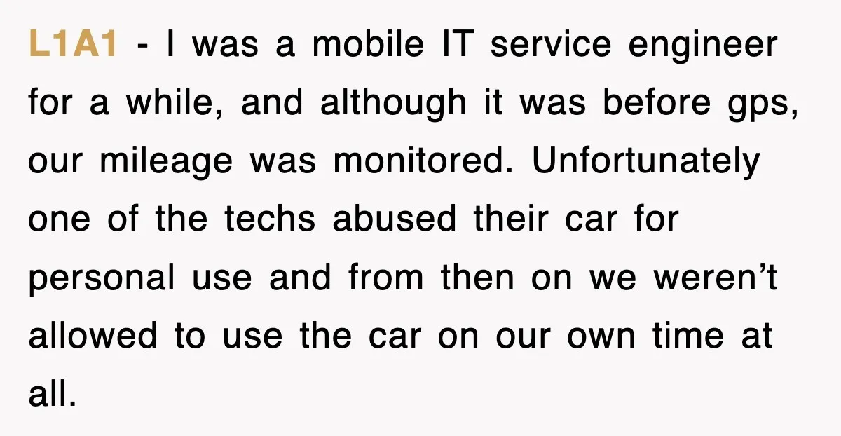 L1A1 − I was a mobile IT service engineer for a while, and although it was before gps, our mileage was monitored. Unfortunately one of the techs abused their car...
