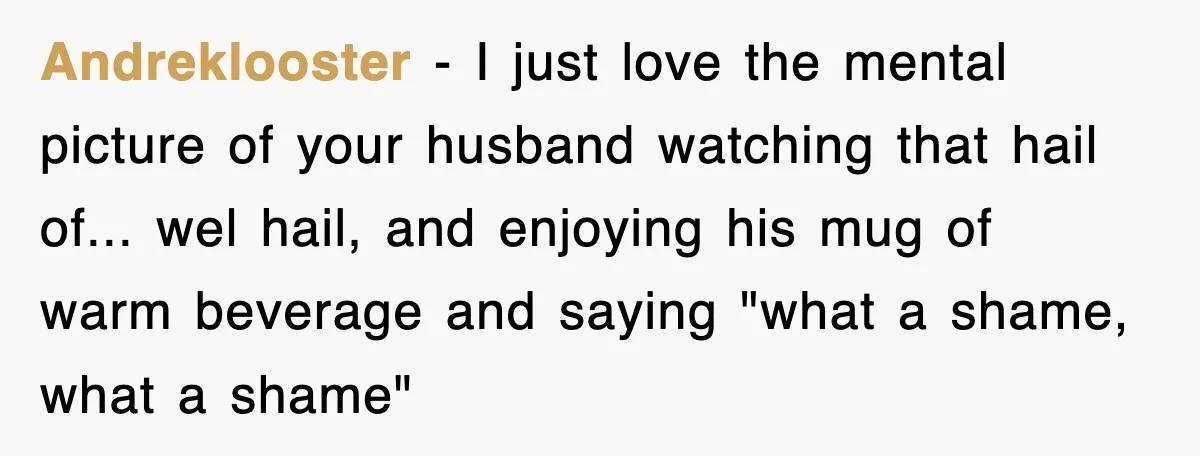 Andreklooster − I just love the mental picture of your husband watching that hail of... wel hail, and enjoying his mug of warm beverage and saying "what a shame, what...
