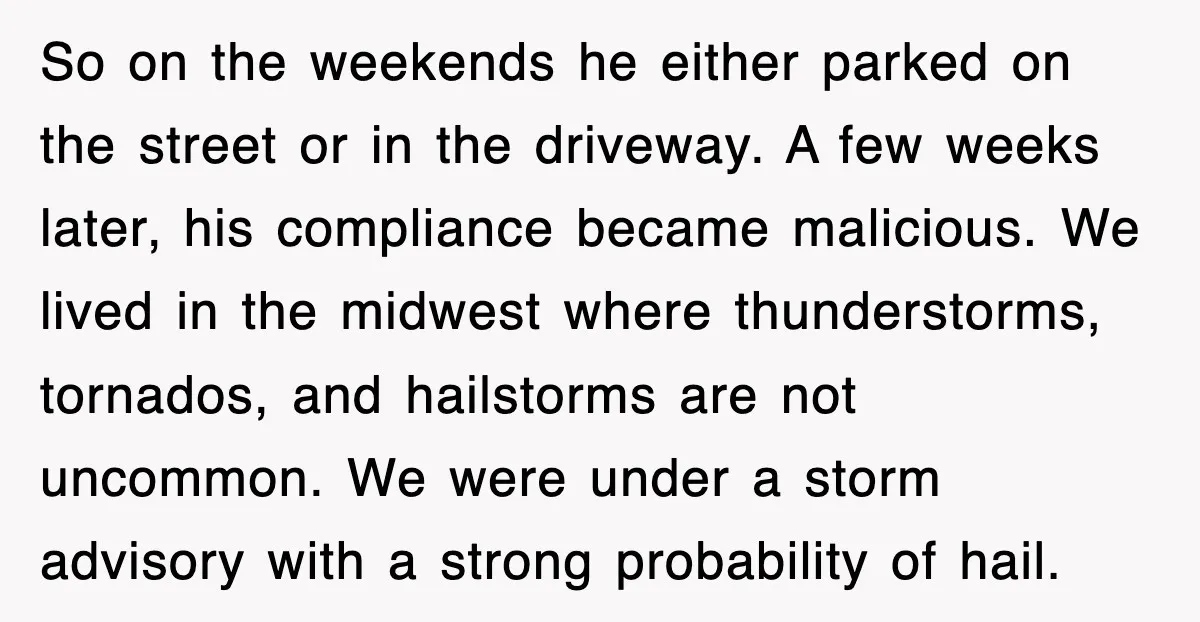 So on the weekends he either parked on the street or in the driveway. A few weeks later, his compliance became malicious. We lived in the midwest where thunderstorms, tornados,...