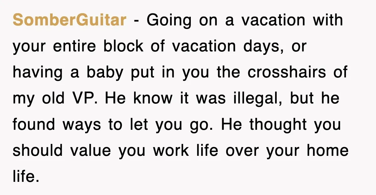 SomberGuitar − Going on a vacation with your entire block of vacation days, or having a baby put in you the crosshairs of my old VP. He know it was...
