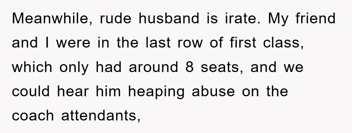 Meanwhile, rude husband is irate. My friend and I were in the last row of first class, which only had around 8 seats, and we could hear him heaping abuse...