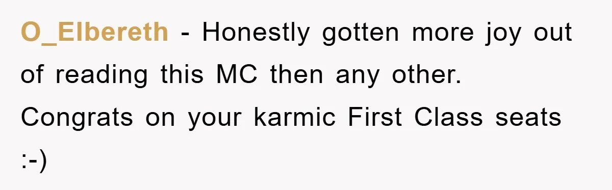 O_Elbereth − Honestly gotten more joy out of reading this MC then any other. Congrats on your karmic First Class seats :-)