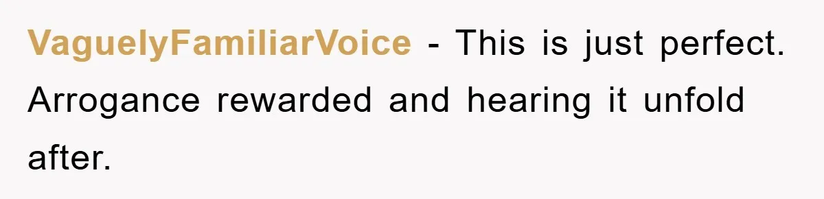 VaguelyFamiliarVoice − This is just perfect. Arrogance rewarded and hearing it unfold after.