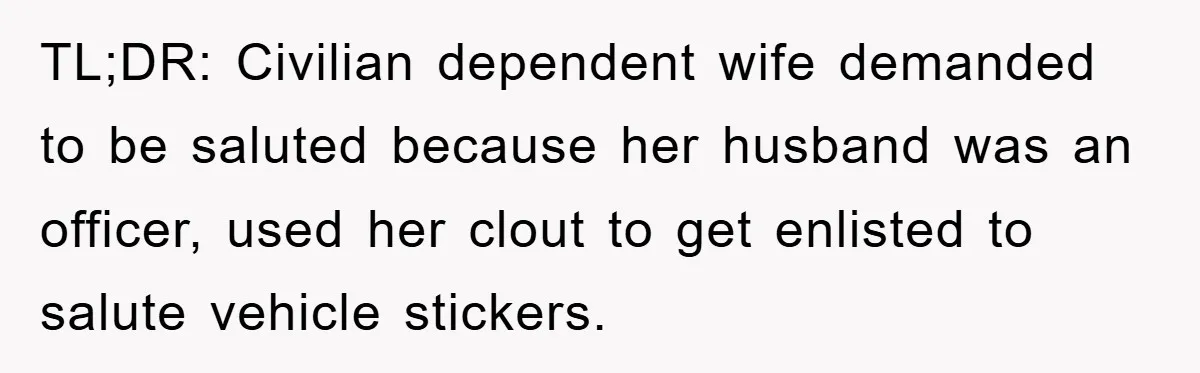 TL;DR: Civilian dependent wife demanded to be saluted because her husband was an officer, used her clout to get enlisted to salute vehicle stickers.