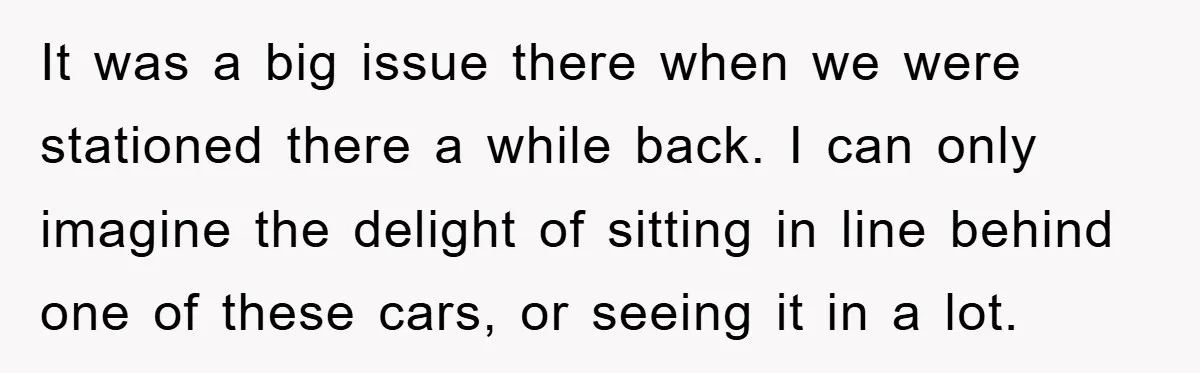 It was a big issue there when we were stationed there a while back. I can only imagine the delight of sitting in line behind one of these cars, or...