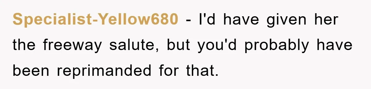 Specialist-Yellow680 − I'd have given her the freeway salute, but you'd probably have been reprimanded for that.