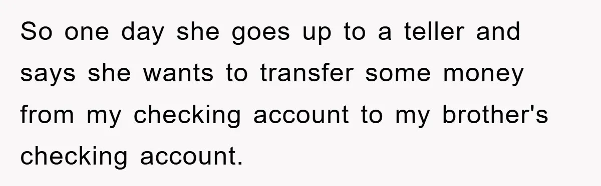 So one day she goes up to a teller and says she wants to transfer some money from my checking account to my brother's checking account.