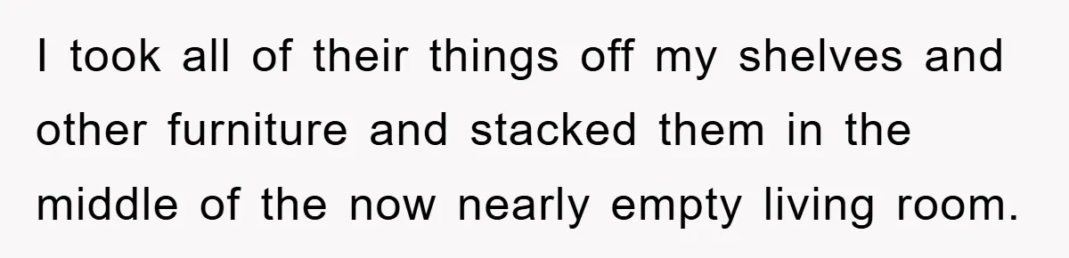 I took all of their things off my shelves and other furniture and stacked them in the middle of the now nearly empty living room.