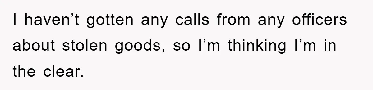 I haven’t gotten any calls from any officers about stolen goods, so I’m thinking I’m in the clear.